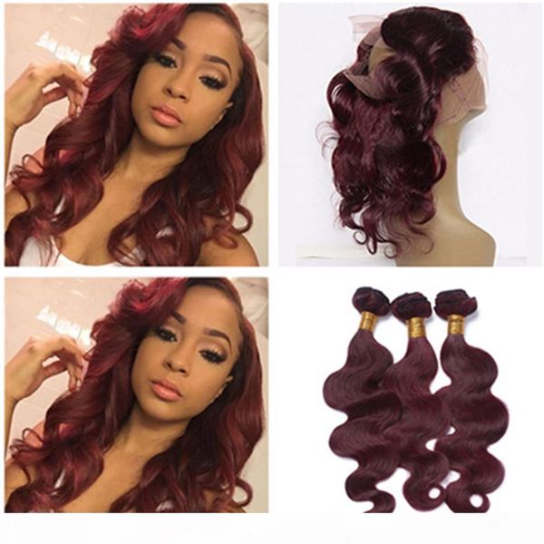 

wine red 360 lace frontal closure pre plucked with weaves body wave #99j burgundy wine brazilian human hair bundle deals with 360 closure, Black;brown