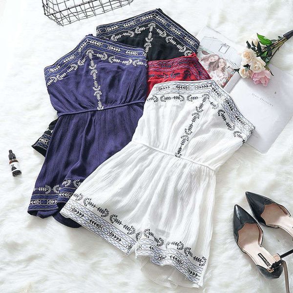 

brand national line same collar thai style embroidery hanging neck off shoulder one piece shorts high waist fashion, Black;gray