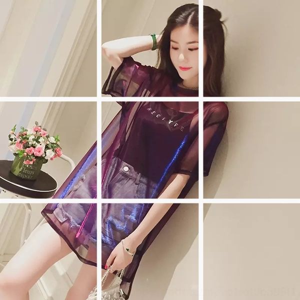 

yvlpm перспектива экран 9 шелк фиолетовый короткий рукав футболки женщин летом новый топ длина среднего sling неттоп сетка из двух частей ст, White