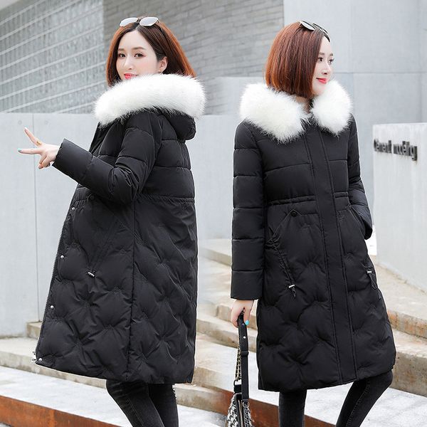 

2021 new women's winter coat autumn new cotton coats long korean fashion thin thick white heat with hood parkas feminine 5enc, Black