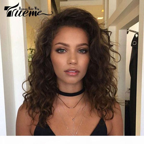 

trueme 18 inch water wave fashion brazilian curly human hair l part lace front wig ombre red brown mix color remy, Black;brown