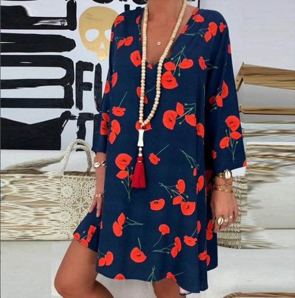 

women spring boho dress long sleeve floral print v neck beach dress tunic sundress loose mini party dress vestidos plus size 5xl, Black;gray