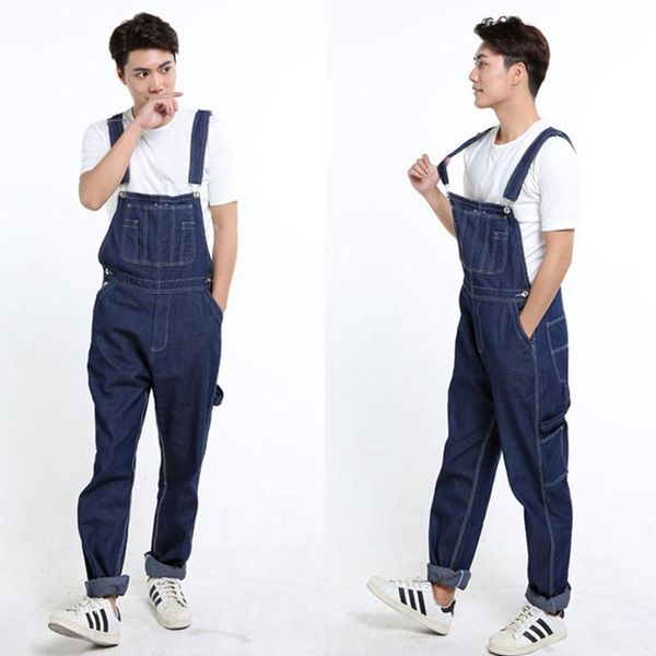 

denim jumpsuits overalls men's work cargo jeans pants trendy bib trousers men casual streetwear male clothes rompers plus size, Blue