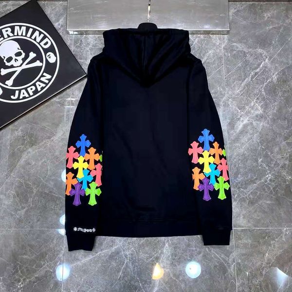 

autumn crosin and winter heavy industry double arm embroidery cross color leather zipper hooded loo 462j, Black