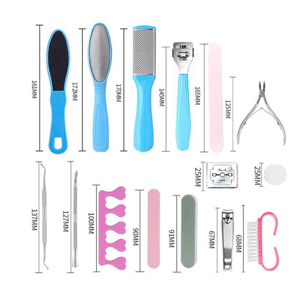 19 em 1 profissional pedicure ferramentas kit inoxidável inoxidável morto de pele dura callus removedor raspador pedicure rasp Toenail cuidado ferramentas kit cfyl0248