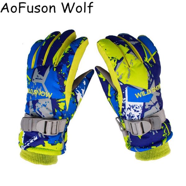 

ski gloves kids winter warm water repellent fabric pu leather non-slip graffiti printing snow boy girls desinger guantes