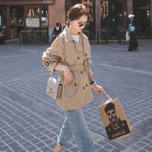 

fashion elegant women's trench coat short double-breasted belted with flaps office lady windbreaker khaki spring autumn casual1, Tan;black