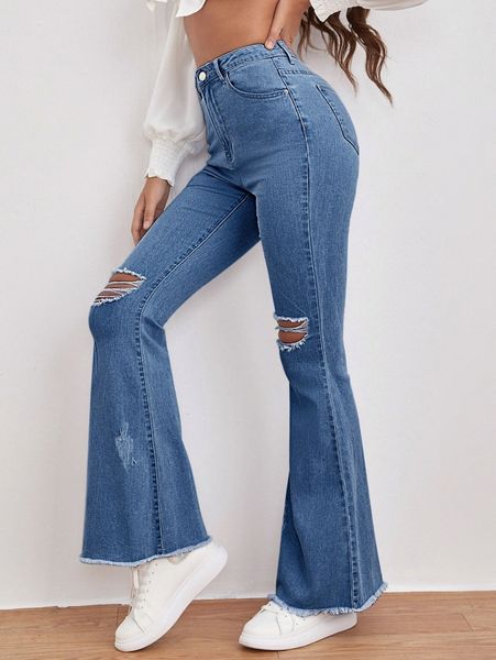 

high waist ripped frayed raw hem flare leg jeans i4nn#, Blue