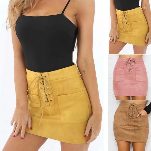 

women leather suede lace up bandage high waist party pencil short mini skirt ladies womens brief solid daily skirts1, Black