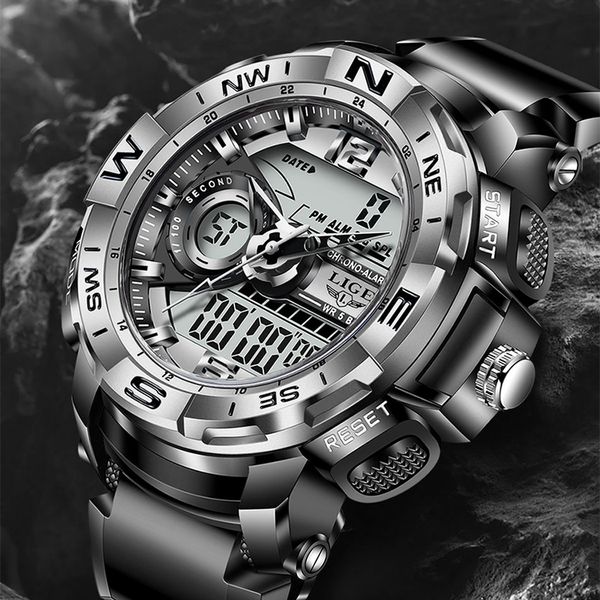 

lige 2021 men watch brand luxury fashion dual display wristwatch analog digital sports waterproof clock relogio masculino, Silver