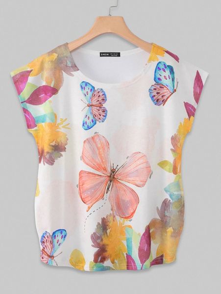 

butterfly print cap sleeve tee i6kt#, White