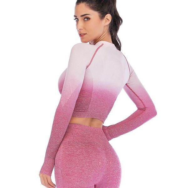 

женщины бесшовная йога set gym ombre gradient высокой талией леггинсы + топ с длинным рукавом + бюстгальтер тренировки спортивный костюм фит