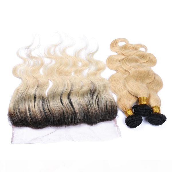 

9a virgin indian 1b 613 blonde ombre human hair weaves with frontals body wave ombre 3bundles human hair with 13x4 lace frontal closure, Black
