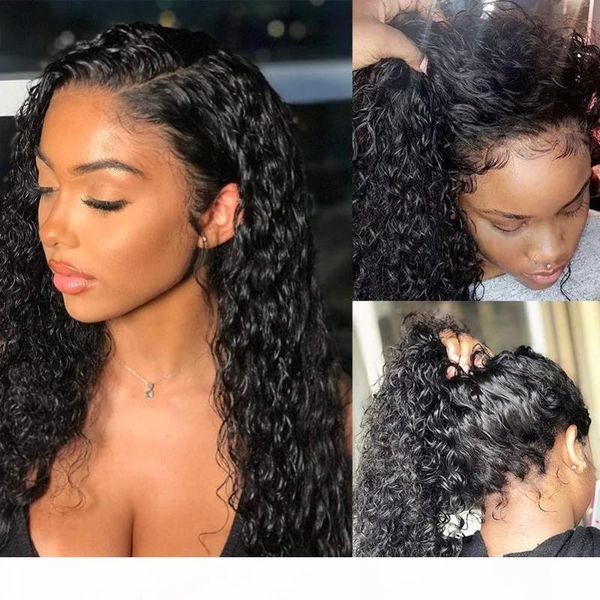 

30 inch full afro curly bob lace front human hair wigs short water deep wave kinky frontal wig pre plucked for black woman, Black;brown
