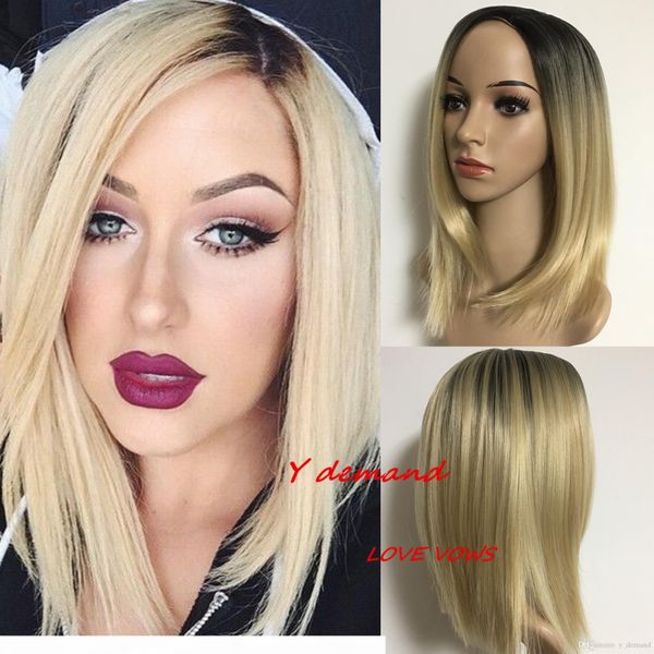 

short ombre blonde hair synthetic straight wigs hair with bangs african american for black women in stock high temperature fiber