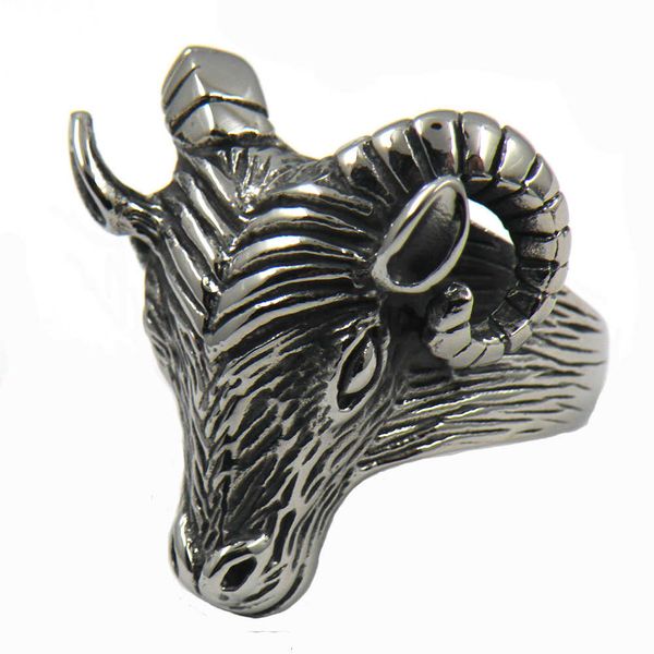 

11w88 stainless steel mens jewelry punk ring vintage ring rolling horn goat sheep animal biker ring gift for brothers, Silver
