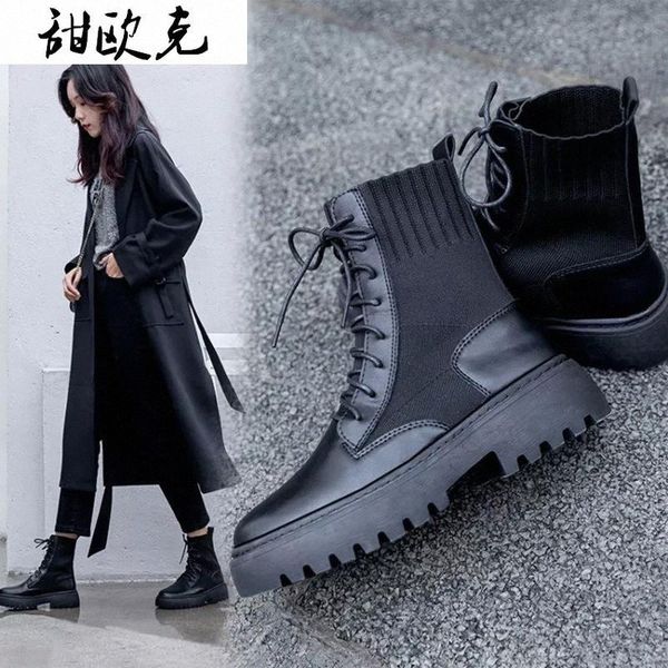 

2020 martin boots for women shoes female british style stretch fabric plat platform ankle boots motorcycle #lu5q, Black