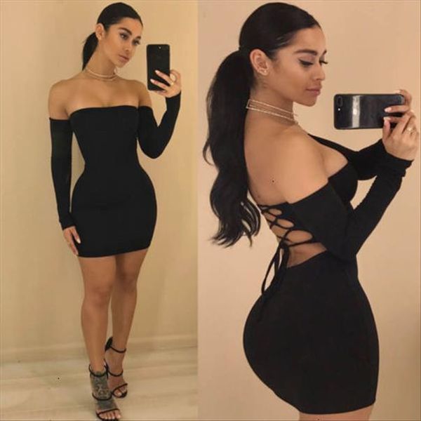 

новый 2020 женщин лето с длинным рукавом разрез шеи hollow бинты bodycon ночной клуб платье партии женской одежды, Black;gray