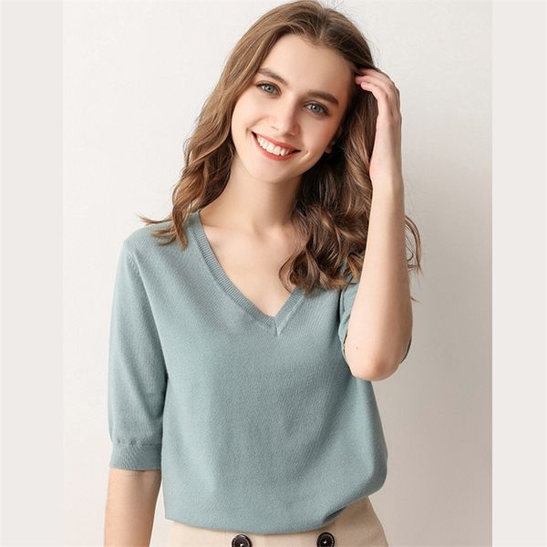 Primavera verão nova manga curta cashmere camisola feminino baixo colarinho solto v-pescoço de v-pescoço camisa de fundo feminino pulôver lj201017