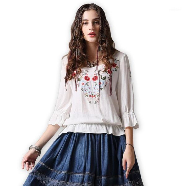 

fairy natural women loose blouses embroidery shirts spring summer comfortable retro flare sleeve 2020 new o neck1, White