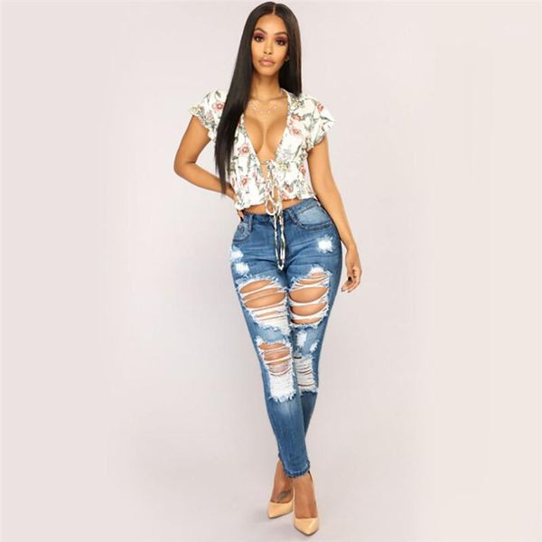 

fashion ripped jeans for women boyfriends jeans denim hole female mid waist stretch slim plus size pencil pants e211, Blue