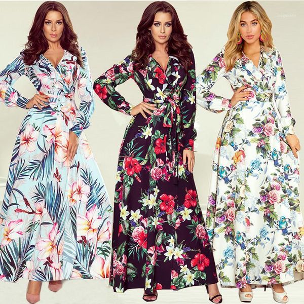 

2020 spring autumn deep v neck women's dress casual bohemia empire maxi dresses fashion boho flower print ladies long dress1, Black;gray