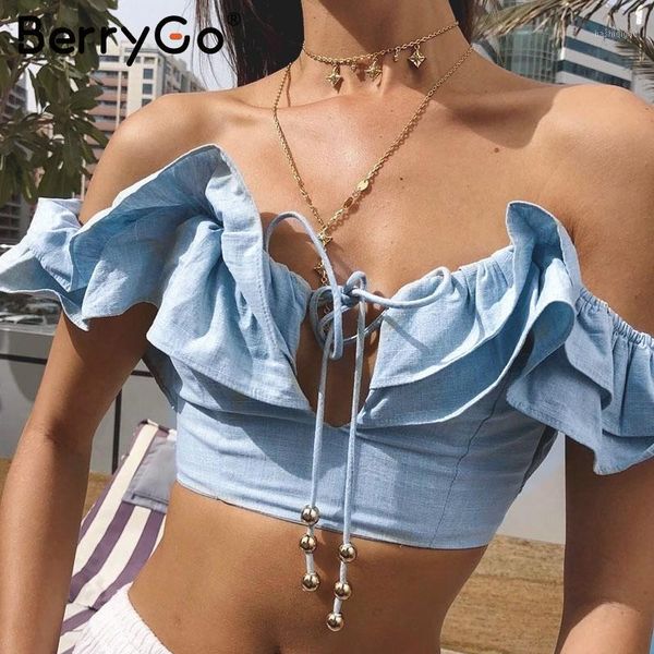 

berrygo off shoulder lace up women camisole elegant ruffle summer crop female casual streetwear ladies tank 1, White