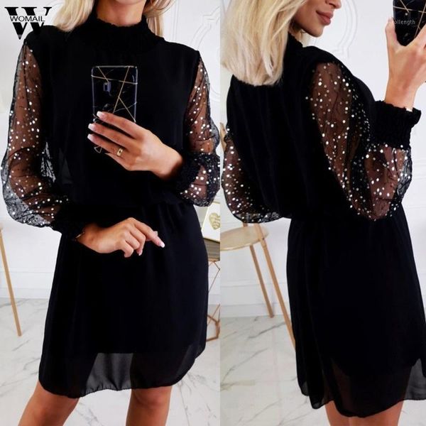 

womail women dress casual bodycon mesh long sleeve mini club dress sequined patchwork elegant party ropa mujer vestido p01, Black;gray