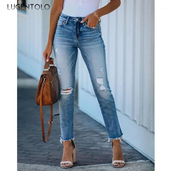 

lugentolo women's jeans ripped tassled hole blue slim-fit street fashion jeans female casual long pencil1
