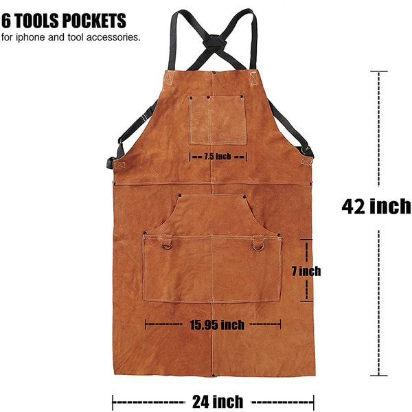 Werkstattschürze aus echtem Rindsleder mit 6 Werkzeugtaschen, hitzebeständig, langlebig, strapazierfähig, Schweißschürze für Männer und Frauen, 201251p