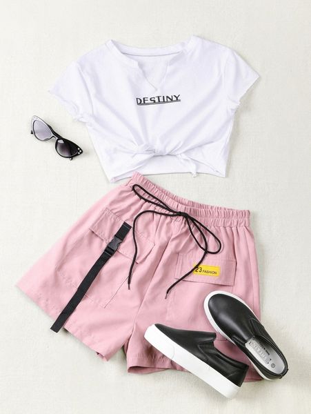 

letter graphic notched tee & drawstring shorts 33oe#, White