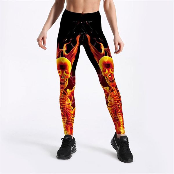 

high waist fitness leggings women workout push up legging fashion printed fire skull jegging women pants, Black