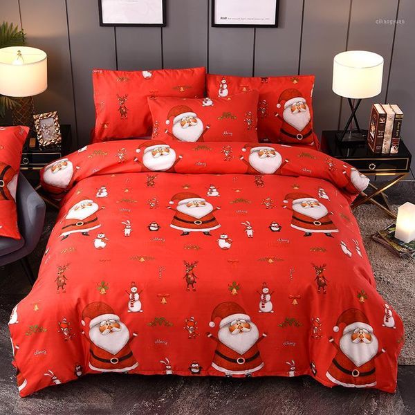 

2/3pcs red and green christmas bedding set cartoon santa claus duvet cover set home bedroom decoration bed linens bedclothes1