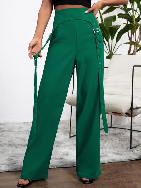 

grommet eyelet buckle straps hem pants f33r#, Black;white