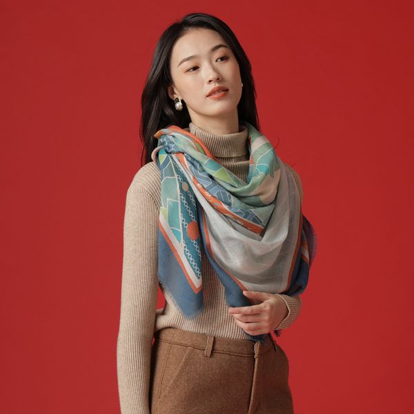 

oriental excellent language mulan guochao big square ring cashmere shawl female scarf, Blue;gray