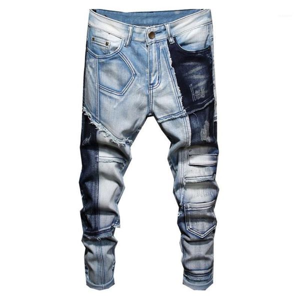 

men's patch design patchwork stretch denim jeans fashion blue fringe ripped pants mid waist trousers1