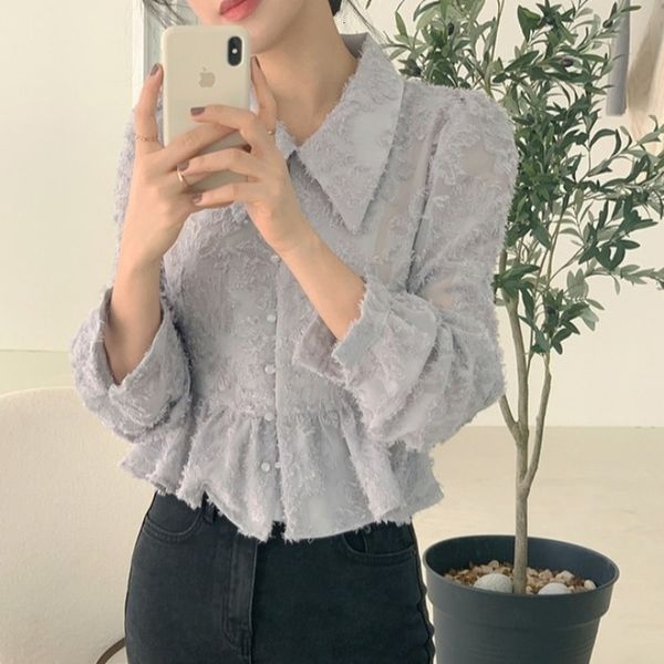 

2021 new female shirts solid turtlenecks facing down slobbers sharp frill short chiffon shirt thin waist spring ttc1, White