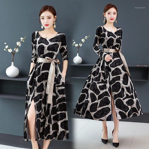 

autumn long sleeve velvet dress women elegant jacquard vintage high waist round neck split plus size dresses woman clothes1, Black;gray