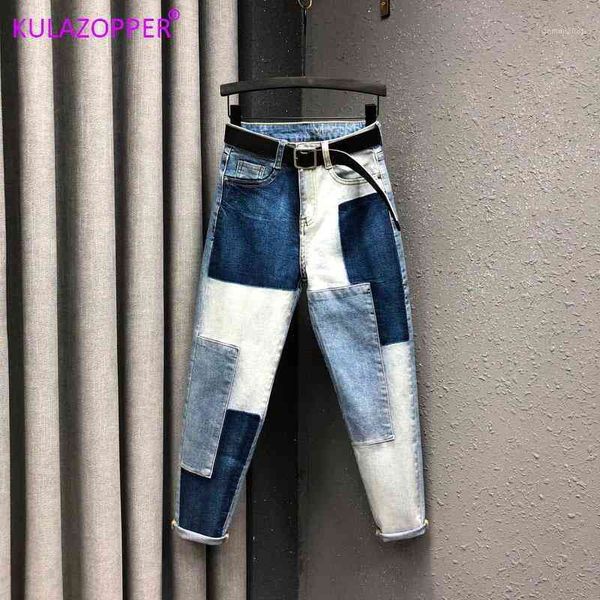 

women's jeans slightly elastic mujer plus size women denim patch harlan cuff pencil pants q33j, Blue