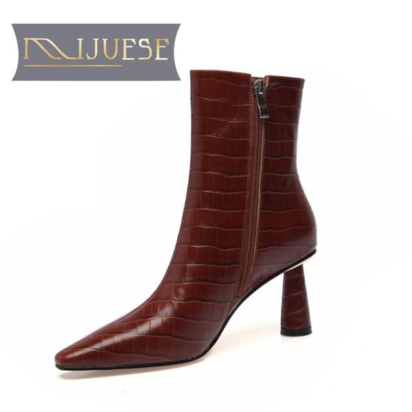 

boots mljuese 2021 women soft ankle cow leather zippers winter short plush square toe high heels, Black