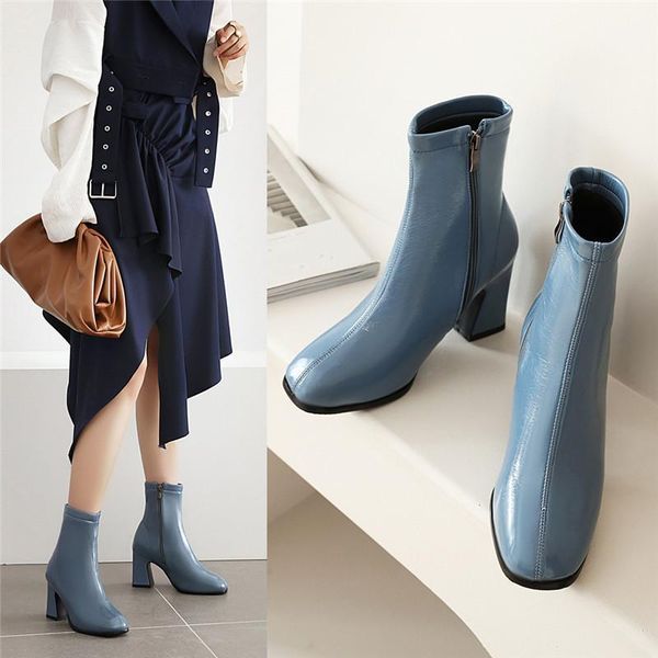 

boots ymechic autumn party dress fashion shoes 2021 women hoof high heels blue black faux patent leather ankle plus size1