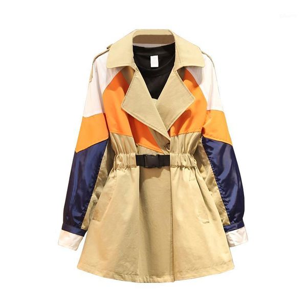 

2020 new plus size women's spring autumn long trench coat casual long sleeve windbreaker outerwear feminine colorblock y601, Tan;black