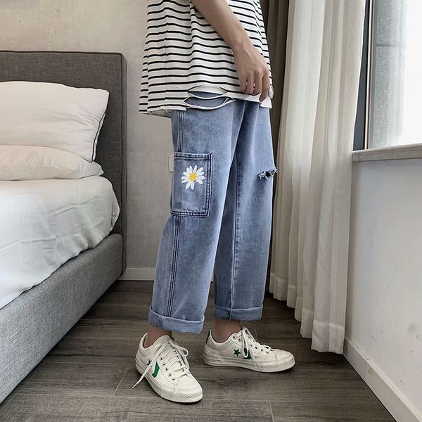 

spring and summer jeans men's 9-point straight fit daddy harlan pants printed wide leg fashion, Blue