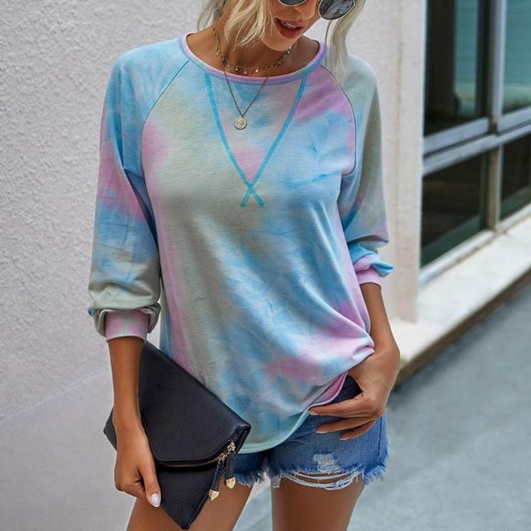 

tie-dyed printing t-shirts women o-neck long sleeves tshirt mulher camisetas loose casual ladies female koszulka damska, White
