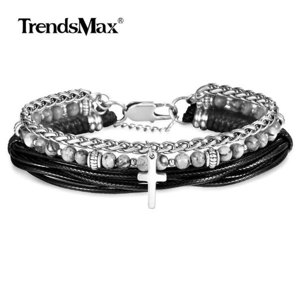 

link, chain natural map stone beaded bracelet for men boy women stainless steel rope link cross charm leather braceletÂ gift dlb177, Black