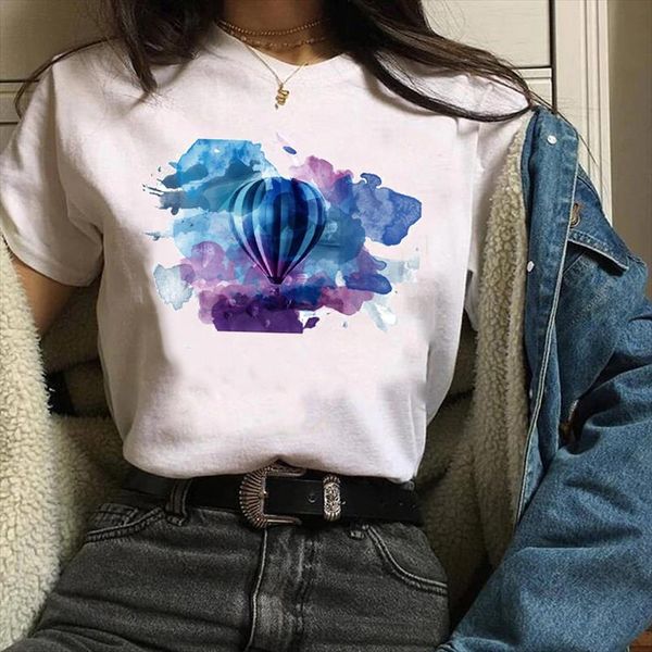 

women lady tees graphic watercolor cartoon balloon vacation print clothing 90s clothes female t shirt womens t shirt, White