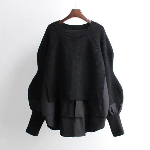 

2021 new autumn winter korean style women sweaters patchwork pullovers long sleeve o-neck knitting female, White;black