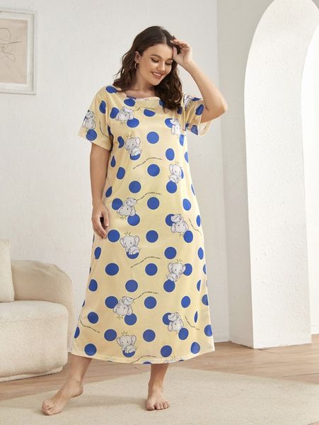 

plus polka dot & elephant print nightdress x3lz#, Black;white