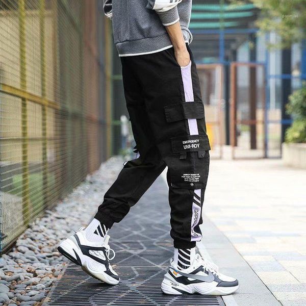 

fashion men cargo pants slim fit urban style hip hop patchwork pocket trousers cuffed joggers pants for male1, Black