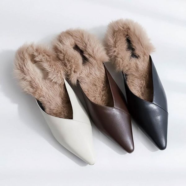 

mljuese 2020 luxury women slippers hair pointed toe outside fur winter warm wool slippers black color size 33-401